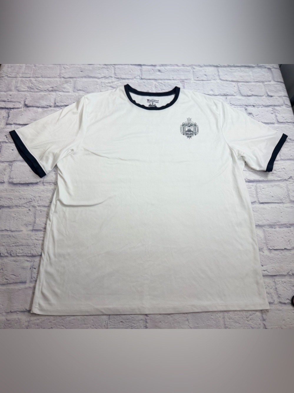 Champion Men's White Ringer Crewneck Tee w/ US  Naval Academy Official Seal.